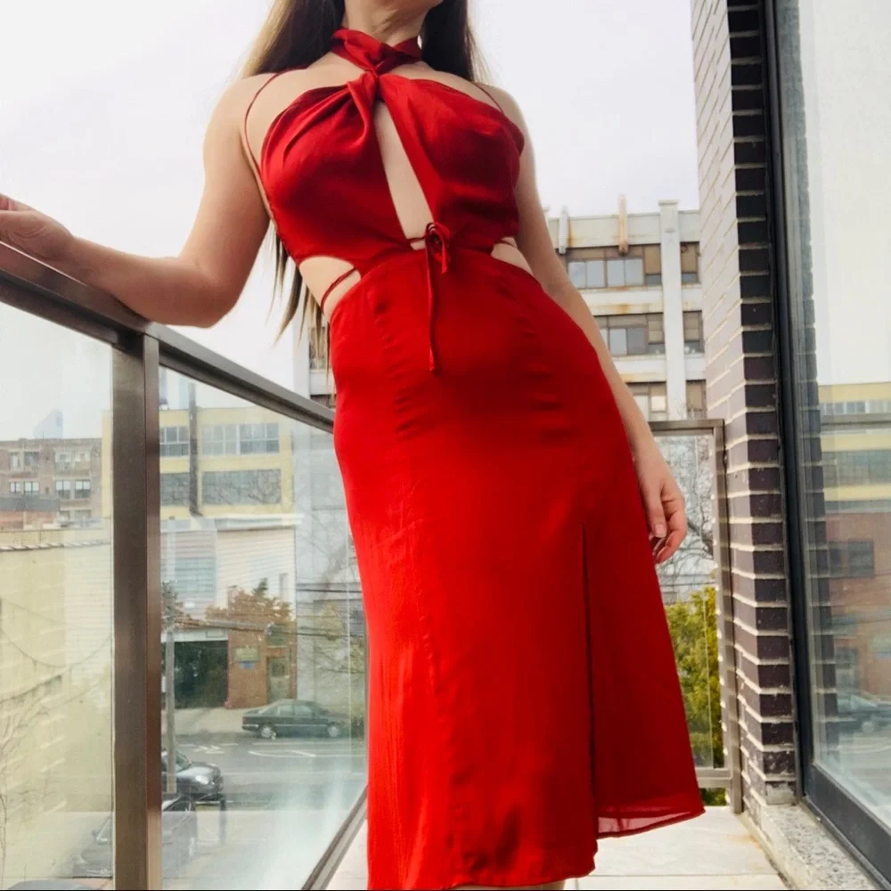 Reformation Neck Chocker Strappy Cherry MIDI Dress